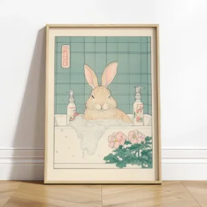 Japanese Ukiyo-e Bunny Canvas Print Poster Funny Rabbit in Bathtub Animal Art Prints Nursery Wall Art Home Decor Easter Gifts