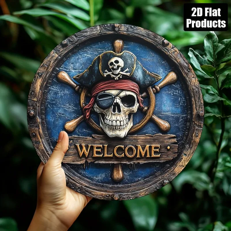 2D Flat 1pc Pirate Skull & Crossbones Metal Wall Art - 8x8 Inch Round Aluminum Decorative Sign with "WELCOME" Plank, Ideal for B