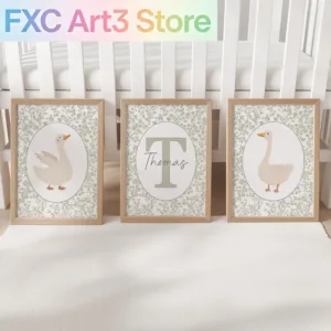 Frameless,Goose Personalised Set of 3 Prints Vintage Tolie Custom Name Poster Sage Green Decor d Wall Art Gift for Nursery Bedro