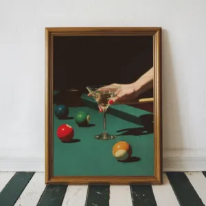 Vintage Dive Bar Martini Pool Poster Art, Retro Billiards Smoking Cocktail Oil Painting Art, Lucky 8 Ball Print,