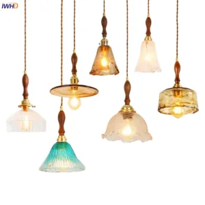 IWHD Nordic Glass LED Hanging Light Fixtures Bar Loft Dining Living Room Bedroom Bedside Kitchen Vintage Copper Pendant Lamp