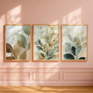 3Pcs Neutral Botanical Wall Art, Watercolor Sage Green Eucalyptus Leaf Canvas Prints, Muted Boho Japandi Plant Wall Arts Poster