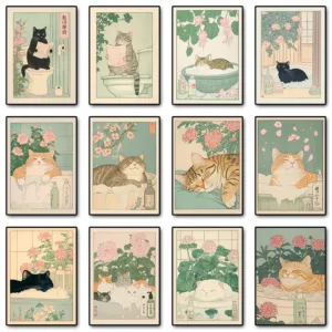 Japanese Tabby Cat in Bathtub Poster Prints Canvas Painting Retro Aesthetic Wall Art Picture Japandi Bathroom Toilet Home Decor