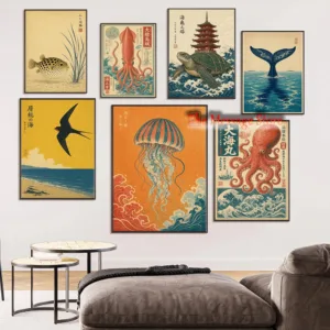 Minimalist Ocean Sea Turtle Octopus Jellyfish Japanese Line Minimalist Ocean Wave Poster Canvas Painting Wall Picture Home Decor