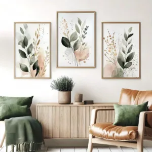 Watercolor Eucalyptus Leaf Wall Art Set, Sage Green Blush Pink Neutral Botanical Canvas Prints, Minimalist Boho Home Decor