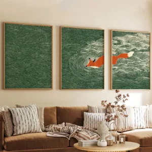 3pcs/Set Japanese Retro Fox Ocean Canavs Wall Art Prints Unframed Abstract Green Wave Triptych for Living Room and Bedroom Decor