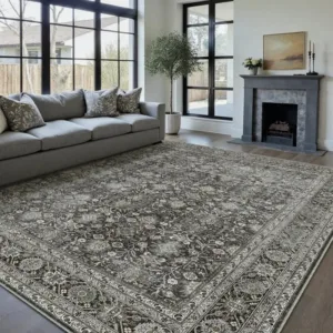 VIKAMA Vintage Green Floral Persian Rug Non-slip Soft Washable Luxury Floor Mat for Living Room Bedroom Home Decor