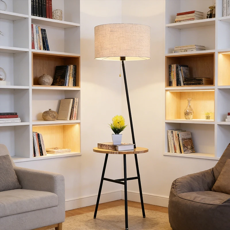 Modern floor lamp with 3 legs and tripod wooden table corner travel metal floor lamp