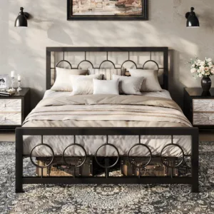 HOOMIC Metal Platform Bed Frame with Vintage Circular Design Headboard and Footboard, Extra Under-Bed Storage Allewie