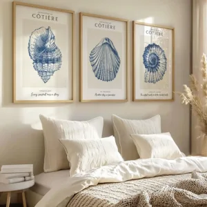 Set of 3 Blue Seashell Art Posters Canvas Prints Coastal Wall Decor Beach House Decor Coastal Seashell Beach Themed Decor