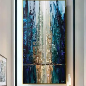 Hand Painted Abstract Oil Paintings on Canvas Yellow White Blue Gold Textured Wall Art with Foil Accents for Home Decor