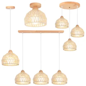 1/3 Heads Hemp Rope Woven Pendant Light Shade Vintage Industrial Rattan Hanging Lamp Wood Ceiling Chandelier Lighting Fixtures