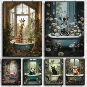Animals Bathtub Cat Dog Giraffe Tub Flower Vintage Poster Gothic Dark Academia Wall Art Print Canvas Paintings Bathroom Decor