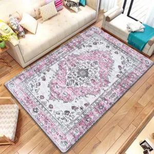 Elegant Pink Persian Area Rug for Living Room and Bedroom Traditional Oriental Style Decorative Soft Washable Home Decor Carpet