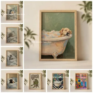 Golden Retriever in Bathtub Canvas Printing Raccoon & Tuxedo Cat in Bed Reading Animal Wall Art Poster for Modern Home Decor