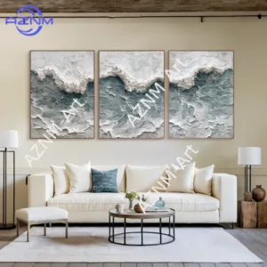 1/3Pcs Ocean Wave Textured Wall Art ,Abstract Seascape Oil Painting on Canvas , Blue and White Minimalist Coastal Art for Room