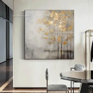 Abstract Gold Foil Tree Hand Painted Oil Painting on Canvas Modern Neutral Textured Wall Art for Living Room Bedroom Home Decor