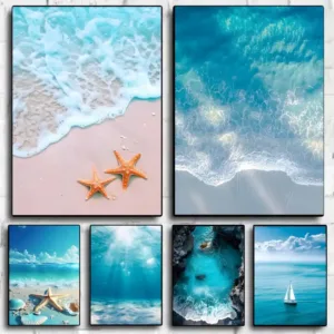 Beach Ocean Wave Painting Calligraphy Anti-wrinkle Canvas Poster Wall Mural Art Photos for Room Home Spaces Decor