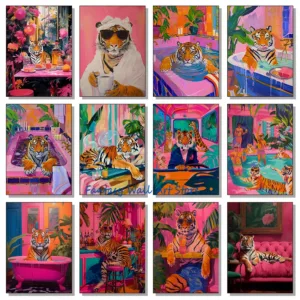 Funny Tiger Bathroom Bathtub Tropical Tiger Bar Funky Jungle Cocktail Art Poster Canvas Painting Wall Pictures Home Room Decor