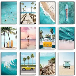 Tropical Summer Beach Sea Ocean Surfing Palm Tree Wall Art Posters Minimalist Canvas Painting for Living Room Modern Home Decor
