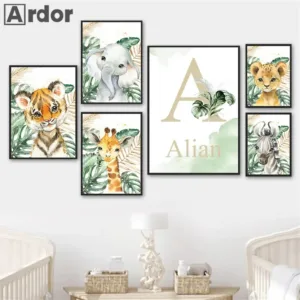 Jungle Animals Elephant Giraffe Prints Custom Name Wall Art Poster Nursery Canvas Painting Nordic Wall Pictures Baby Room Decor