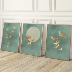 3pcs/set Japanese Sage Green Cranes Canvas Print Poster Japandi Birds Aesthetic Art Prints Bedroom Wall Art Home Decor Poster