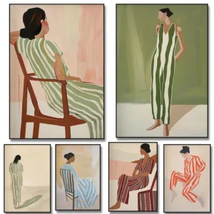 1Pc Frameless Abstract Sage Green Woman in Stripes Canvas Painting Trendy Minimalist Wall Art Poster for Living Room Home Dec