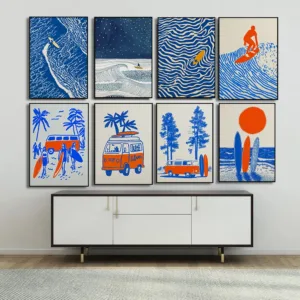 Surf Art Poster, Modern Beach Ocean Wave Wall Print Blue and Orange Surfboard Canvas Painting Coastal Minimalist Home Decor