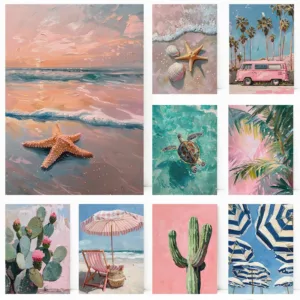 Beach Girly French Summe Cactus Palm Tree Sea Turtle Seashells Poster Print Wall Art Pictures Canvas Painting Room Home Decor