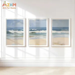 3pcs AZNM Blue Sea Wave Beach Landscape Canvas Wall Art, Minimalist Soft Tone Coastal Abstract Oil Painting Poster, Calm Ocean S
