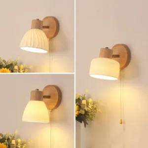 Nordic Wooden 3 Styles Ribbed Ceramic Lampshade Rotatable Oak Base Reading Wall Lamp for Bedroom Bedside Hallway Nursery Cafe
