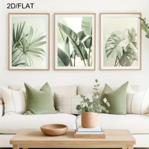 2D Flat, 3pcs/set Of Tropical Plant Wall Art Deco Paintings, Sage Green Palm Leaf Wall Decoration, 2d/flat Frameless Canvas Post