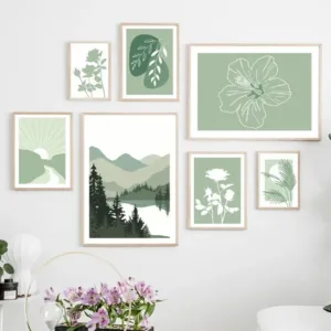 Wall Art Canvas Painting Sage Green Mountain Lake Rose Palm Leaf Floral Posters And Prints Wall Pictures For Living Room Decor