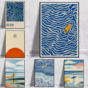 Retro Japanese Surfing Beach Canvas Poster - Minimalist Abstract Ocean Wave Coastal Summer for Living Room and Bedroom Decortion