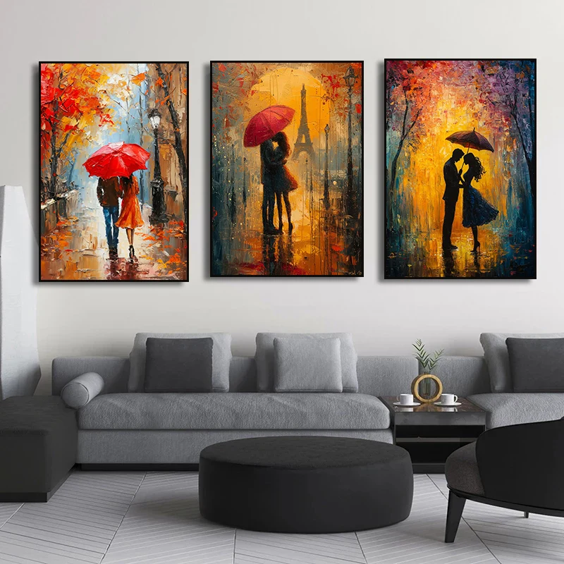 Romantic Lover Couple with Umbrella Walking London Paris Canvas Painting Poster Print Landscape Wall Art Mural Home Decor