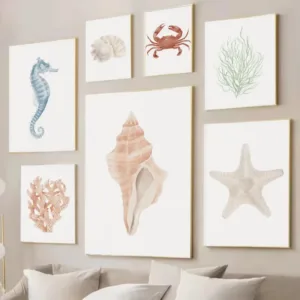 Watercolor Boho Beach Coastal Marine Life S-Seahorse Crab Starfish Coral Poster Canvas Painting Wall Pictures Home Decor