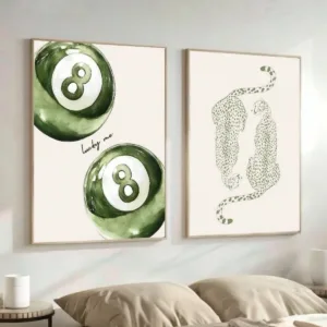 2pcs/set Sage Green Cheetah Leopard "Lucky Me" 8 Pool Ball Canvas Print Poster Funky Chic Animal Art Prints Wall Art Home Decor