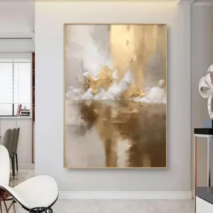 Large Scale Abstract Gold Foil Landscape Painting, Century Giant Wave Handmade Oil Painting, Minimalist Wall Decoration Wall