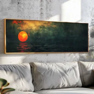 Minimalist Long Horizontal Sea Sun Canvas Poster Sunset on Emerald Wall Art Prints for Modern Living Room Summer Home Decor