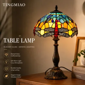 French Table Lamp 8 Inches Stained Glass Bedside Lamp Red Rose Desk Reading Light Bedroom Living Room Home Office