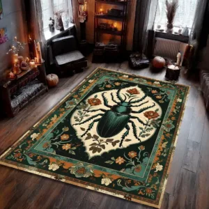 Vintage Stag Beetle Rug, Gothic Insect Carpet with Botanical Carpet, Boho Persian Style Bug , Mothcore Home Decor Mat Insect Rug