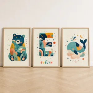 Custom Name Nursery Prints Set of 3, Personalized Alphabet Wall Art, Colorful Boho Animal Decor for Baby Room, Unframed