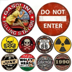 Garage Gas Station Round Metal Aluminum Sign Art Decorative Plates Entrance Decor Gift Mask Theme for Bar Club Home Wall Decor