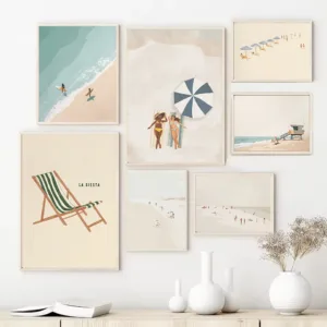 Retro Minimalist Beach Figure Swimming Surfing Poster Canvas Painting Wall Art Pictures Home Beach House Bathroom Decor