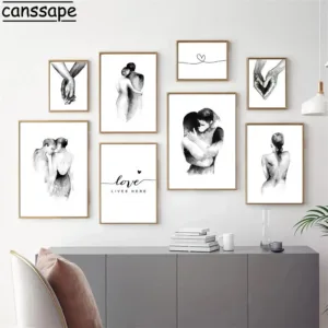 Black White Art Prints Couples Lovers Canvas Pictures Hug Art Paintings Hand Print Poster Nordic Wall Art Living Room Decoration