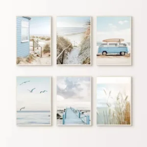Nature Beach Sea Waves Coastal Pampass Grass Reed Sky Bus Photography Nordic Poster Canvas Printing Wall Home Decor