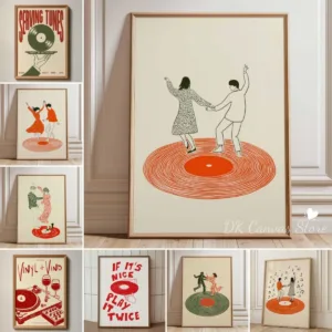 Retro Record Player Dancing Couple Canvas Print Poster Modern Music Inspired Illustration Art Prints Valentine's Day Home Decor