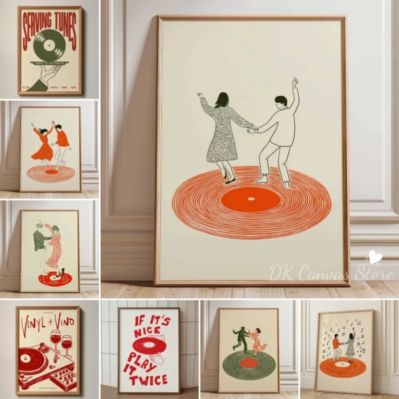 Retro Record Player Dancing Couple Canvas Print Poster Modern Music Inspired Illustration Art Prints Valentine's Day Home Decor
