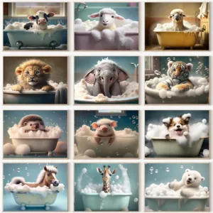 Cute Baby Lion Tiger in Bathtub Wall Art Canvas Painting Animals Bathing Funny Bathroom Art Poster Prints Picture Room Decor