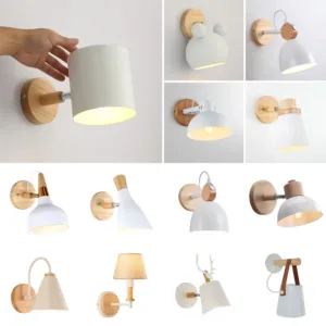 Nordic Wooden Wall Lights Bedside Lamp Modern Wall Sconce for Bedroom Reading White Lampshade Steering Head E27 Home Lighting